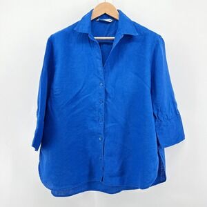 ZARA Royal Blue Linen 3/4 Sleeve Button Front Collared Shirt Top‎ Size Large